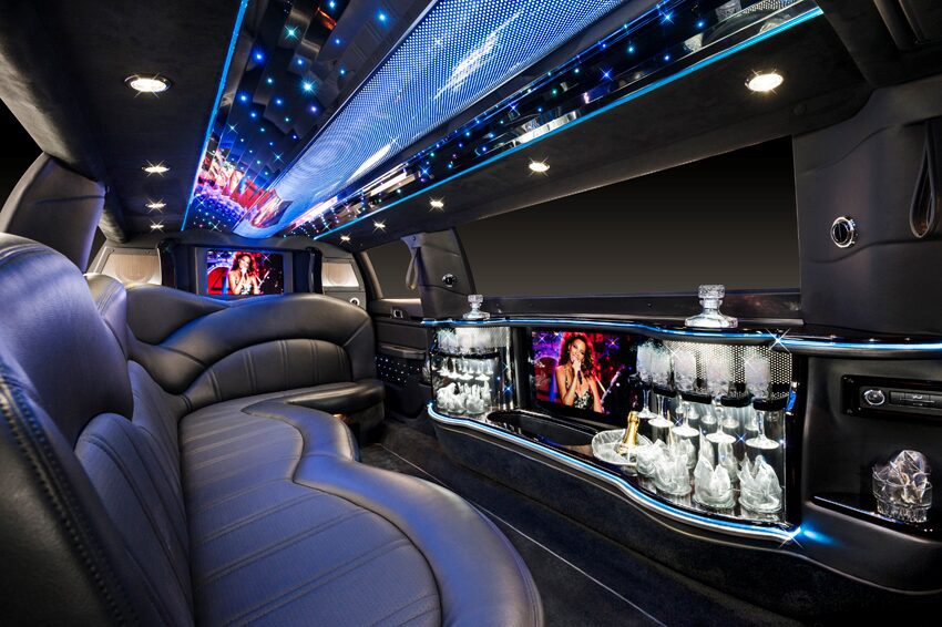Stylish limo bar with glassware