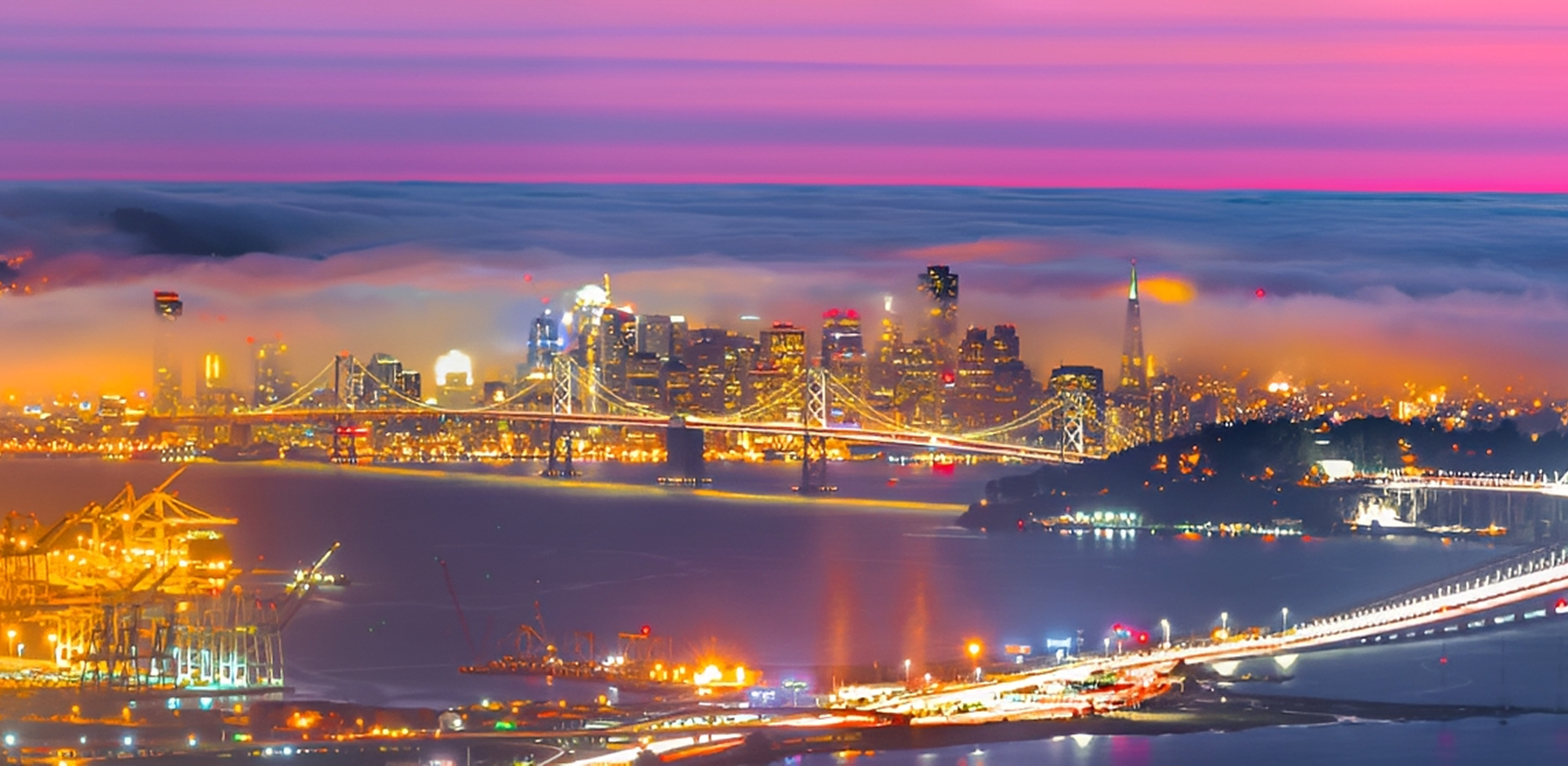 Foggy skyline with vibrant sunset colors