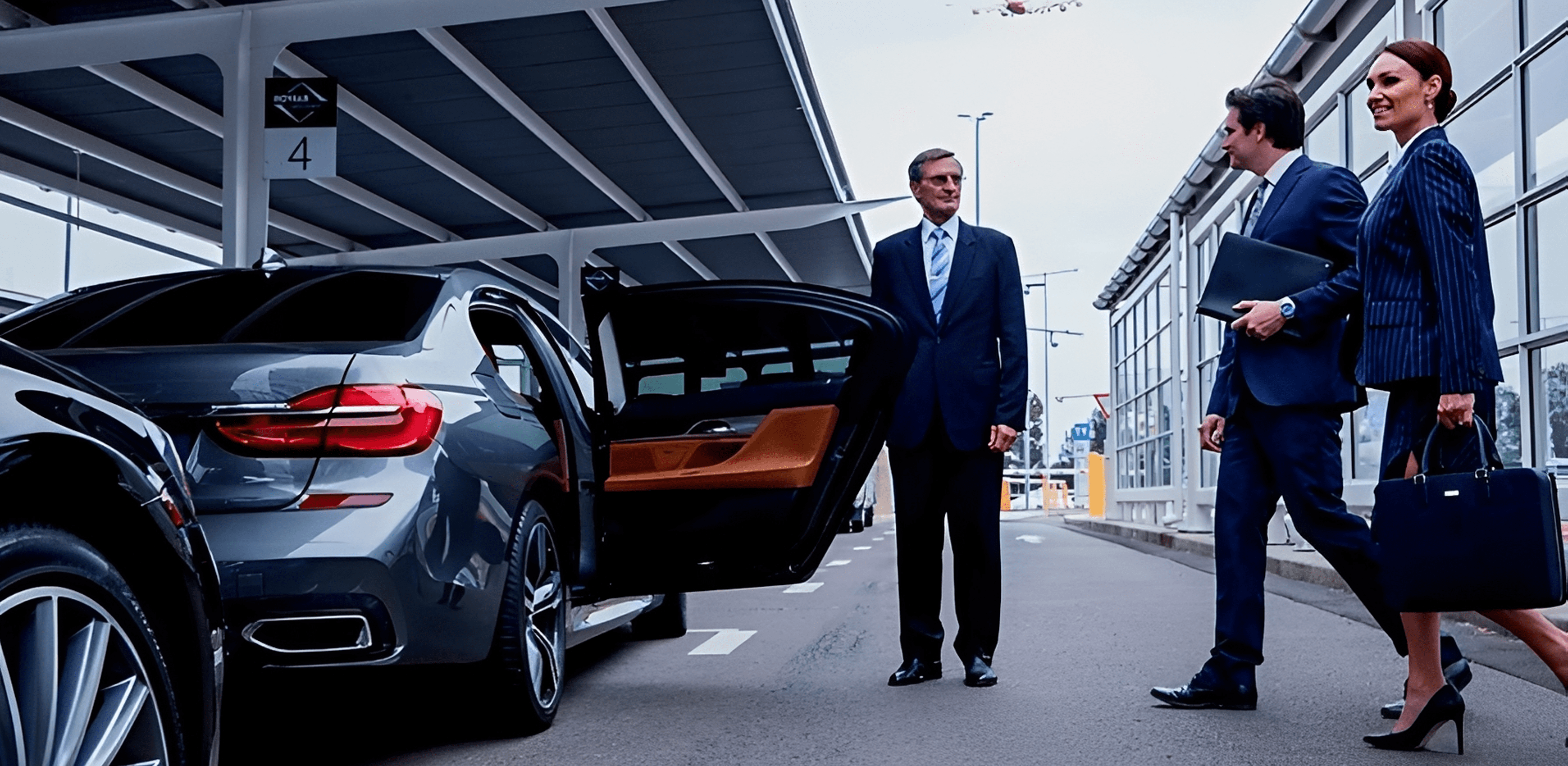 Executive greeting colleagues near a parked vehicle