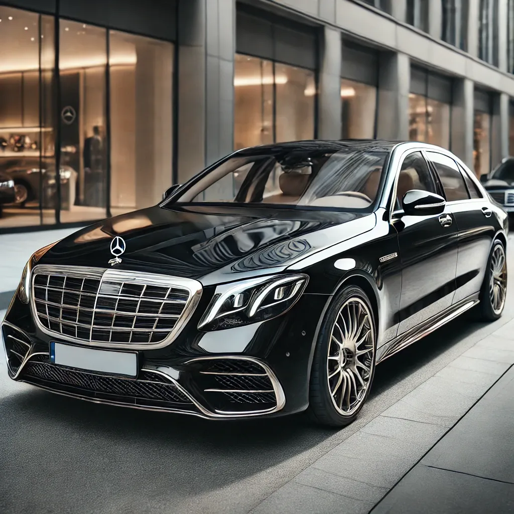 Luxury black sedan on city street