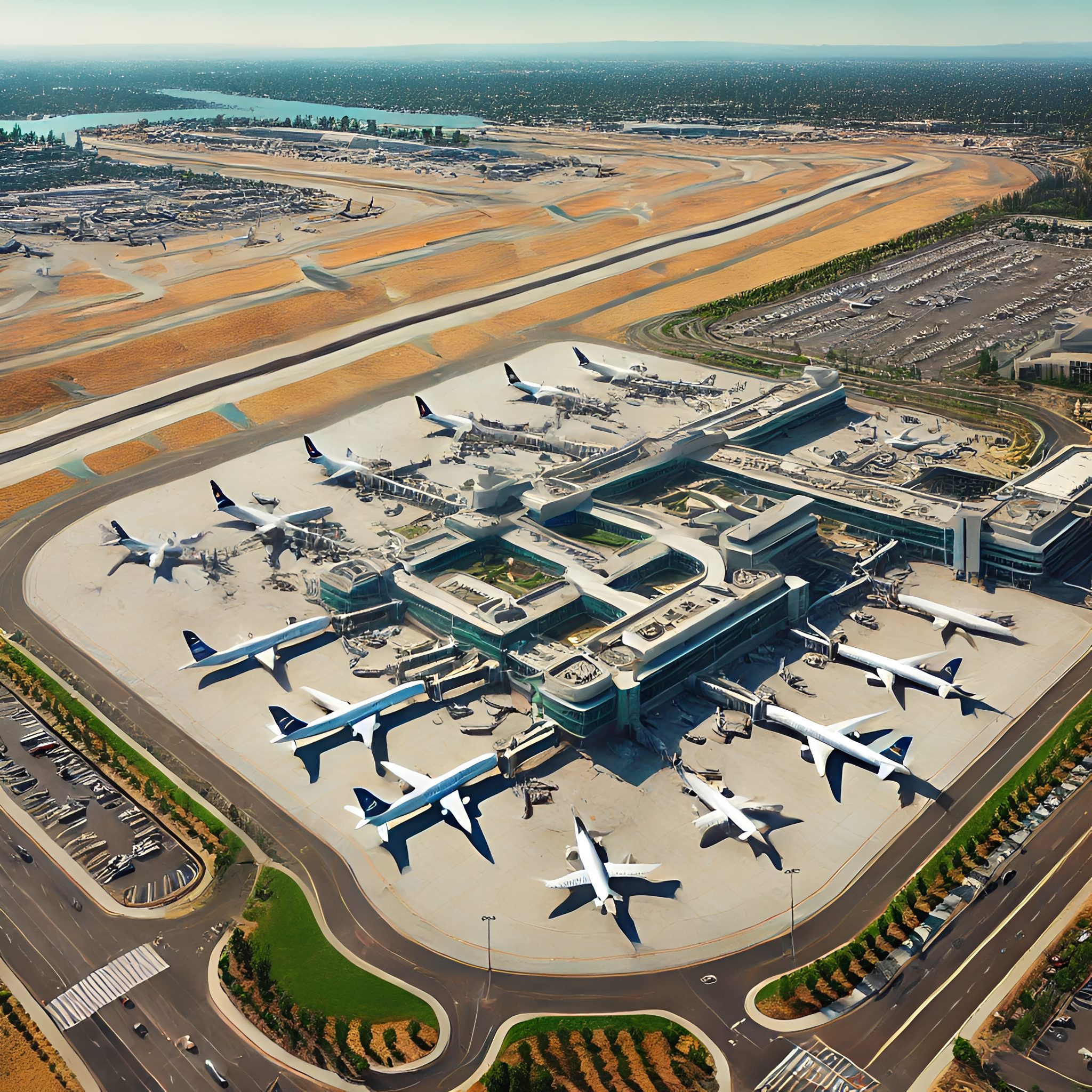 Aerial view of busy airport terminal