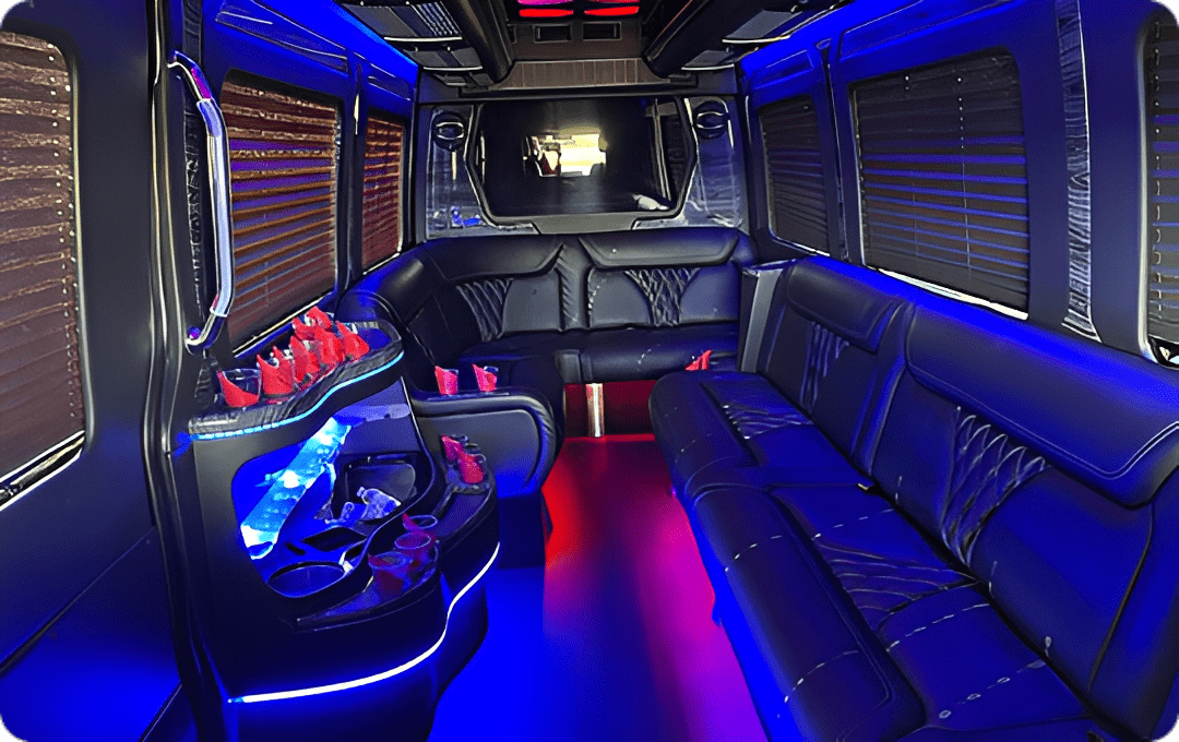 Luxury party bus interior with neon lights