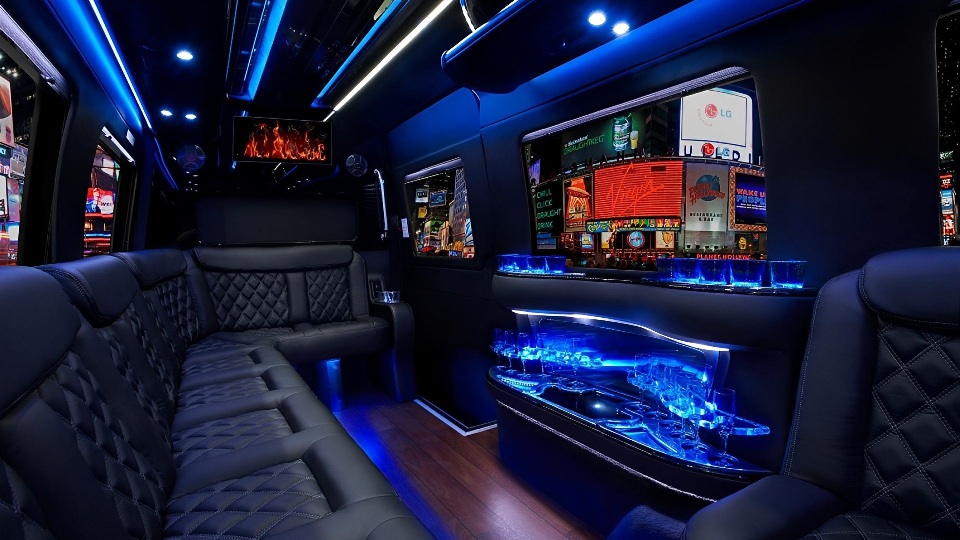 Party bus with vibrant LED accents
