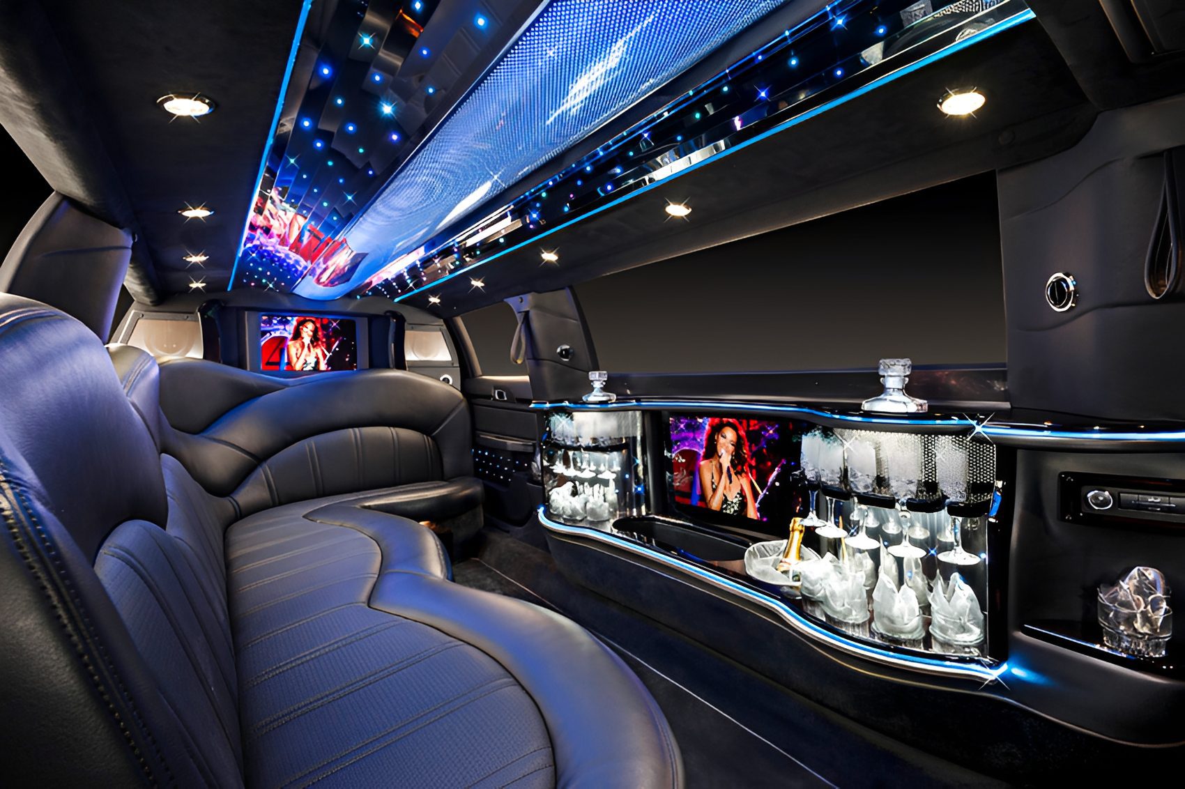 Elegant limousine bar and seating area