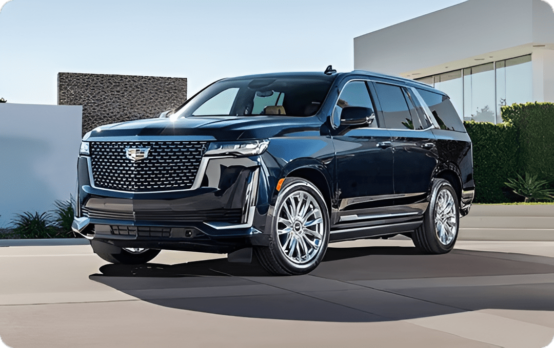 Stylish black SUV near contemporary architecture.