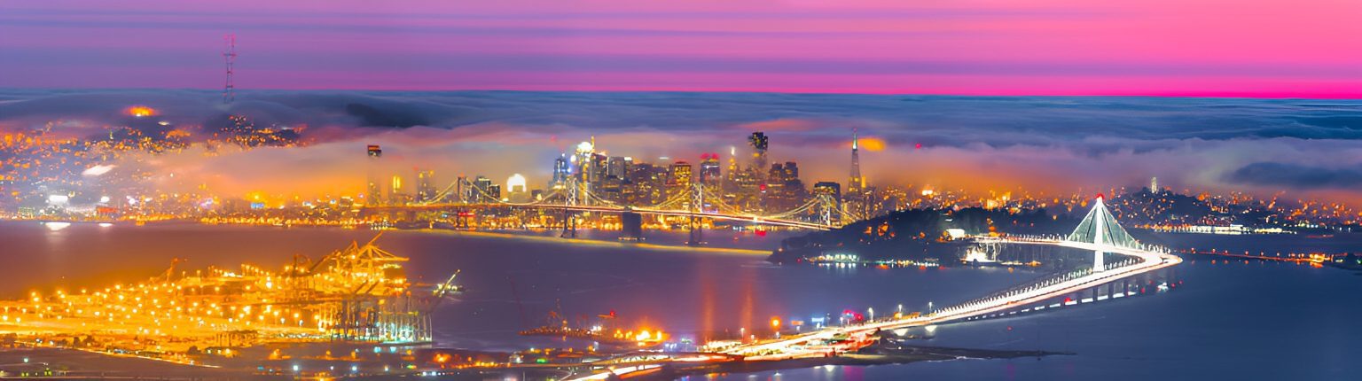 Evening view of city lights and fog