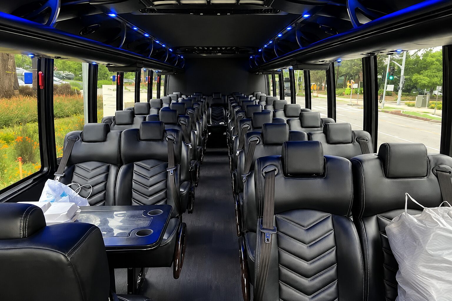 Luxury bus interior with leather seats